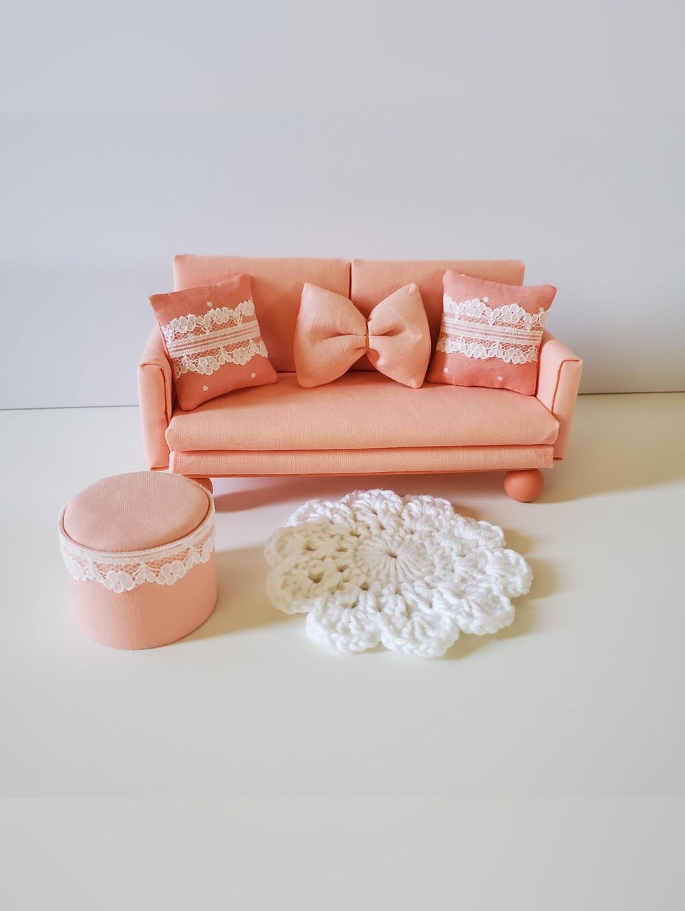 Miniature Dollhouse Peach Sofa Ottoman Rug 1:12 Scale